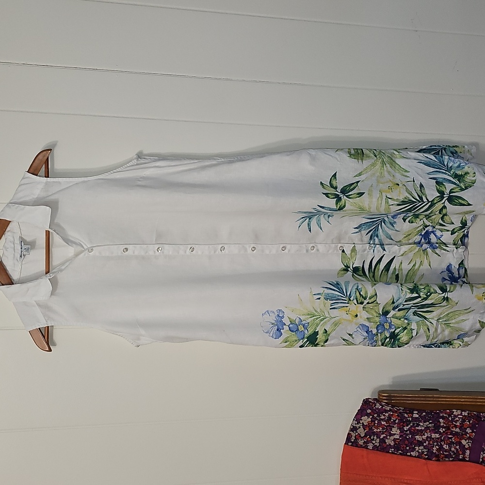 Tommy Bahama White 100% Linen Button Up Shift Dress Womens L Tropical Floral EUC - Picture 2 of 12